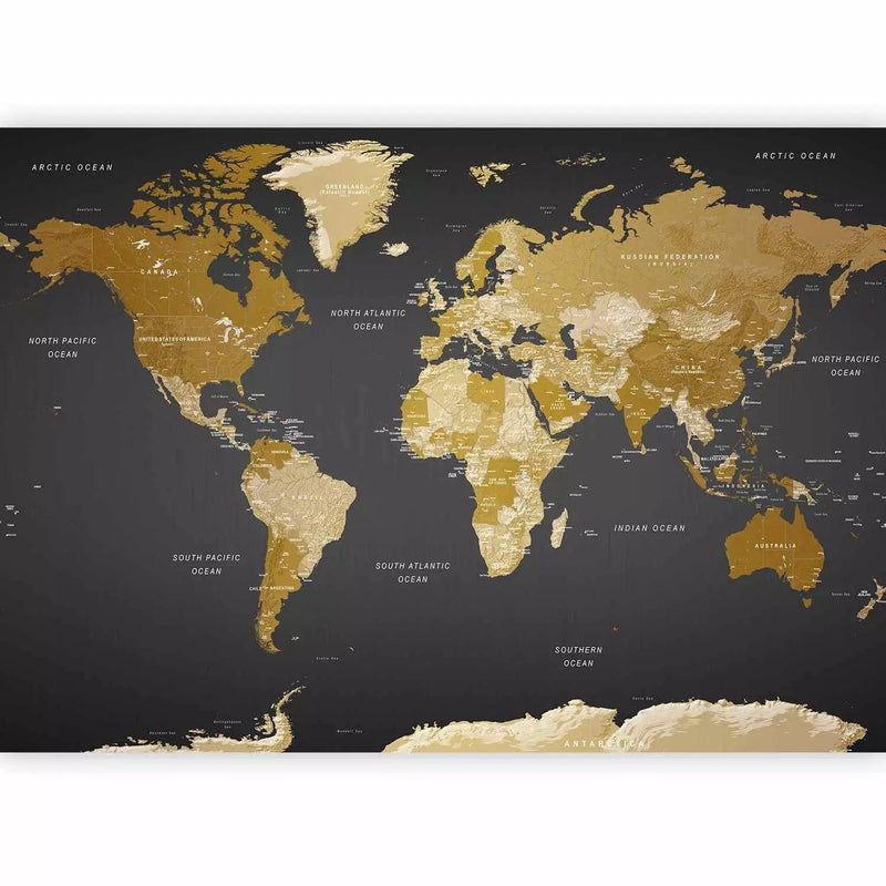 Fototapeet - Kuldpruun maailmakaart – kaasaegne geograafia, 94379 G-ART