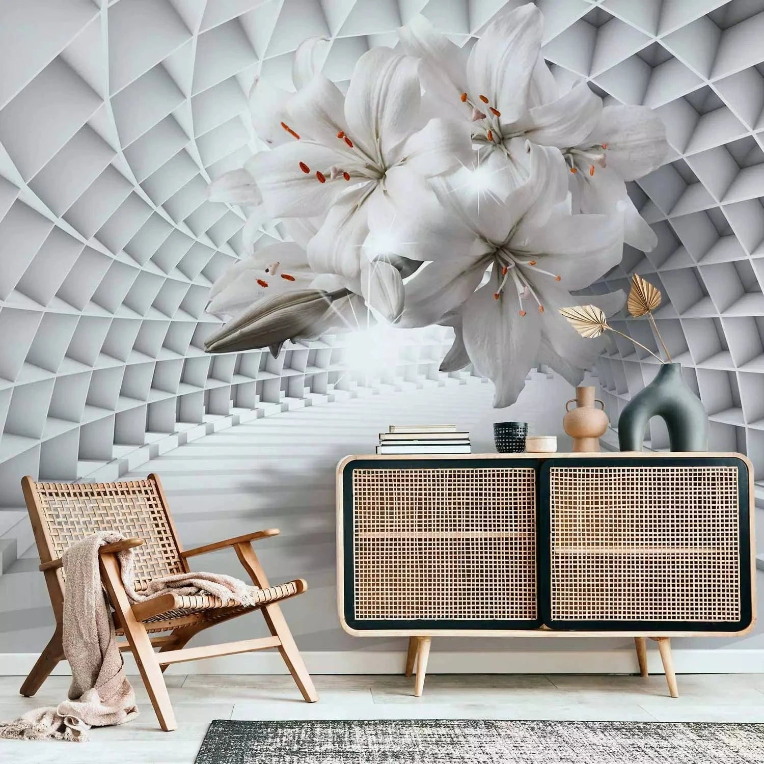 Fototapetes ar lilijām 3D tunelī - gaiši pelēkā krāsā G-ART