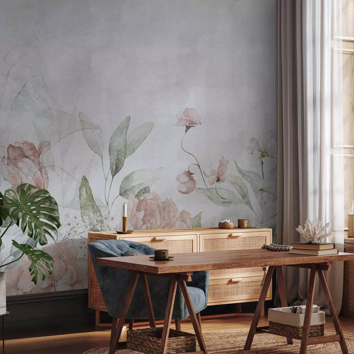 Fototapetes - Ziedi uz pasteļa zaļa fona - izgatavošana G-ART