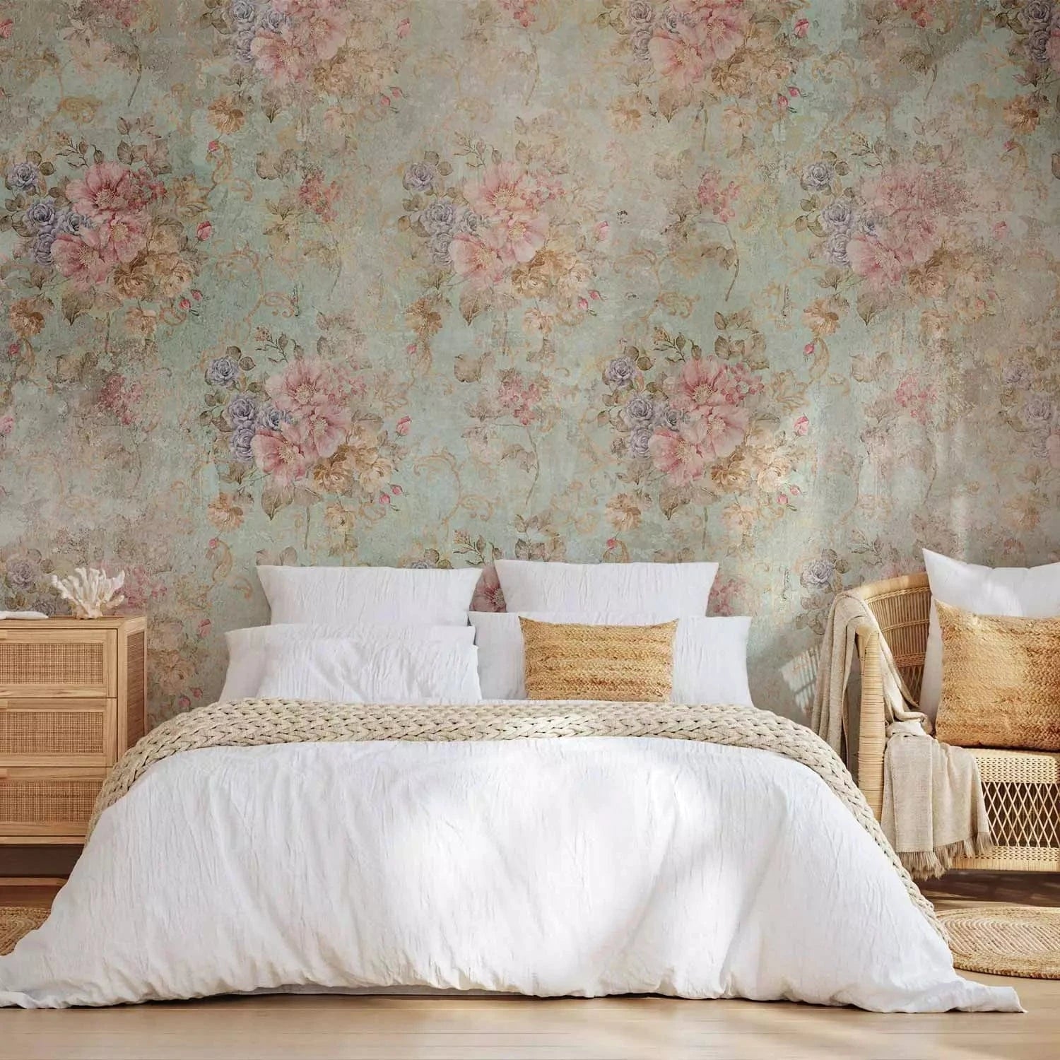 Fototapetes ar ziedu motīviem retro stilā uz zaļa fona 142704 G-ART