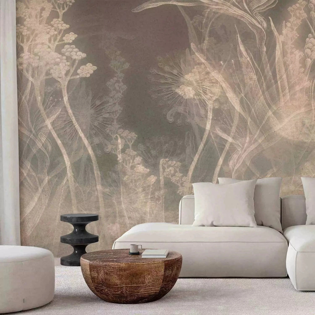 Fototapetes - ziedu kontūri uz nomierinoša fona, pelēkā, bēšā G-ART