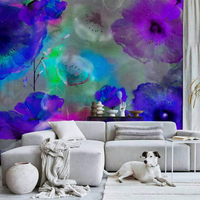 Wall Murals - blue, purple poppies drawn with water color, 64402g-art