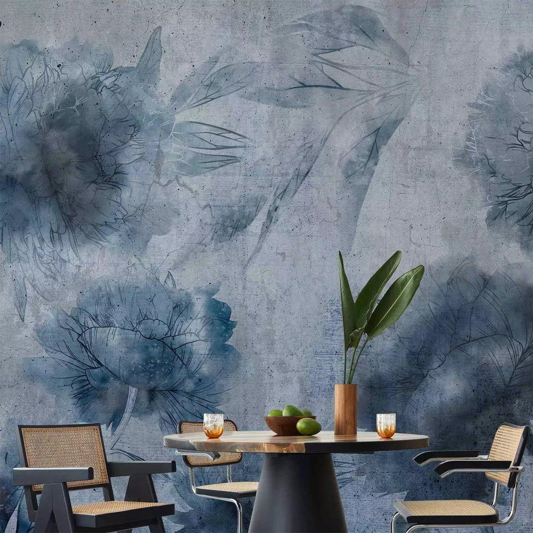 Fototapetes - Zilas peonijas uz betona tekstūras - interjers zilā  G-ART