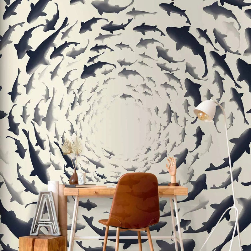 Wall Murals - Fish in shades of gray on a white background - 94762G-ART