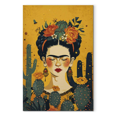 Frida ar kaktusiem - mākslinieces portrets uz oranža fona, 152211, XXL izmērs Tapetenshop.lv