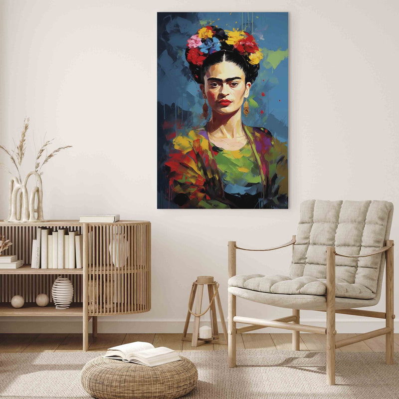 Frida Kahlo - krāsains portrets ar redzamiem otas triepieniem, 152235, XXL izmērs Tapetenshop.lv