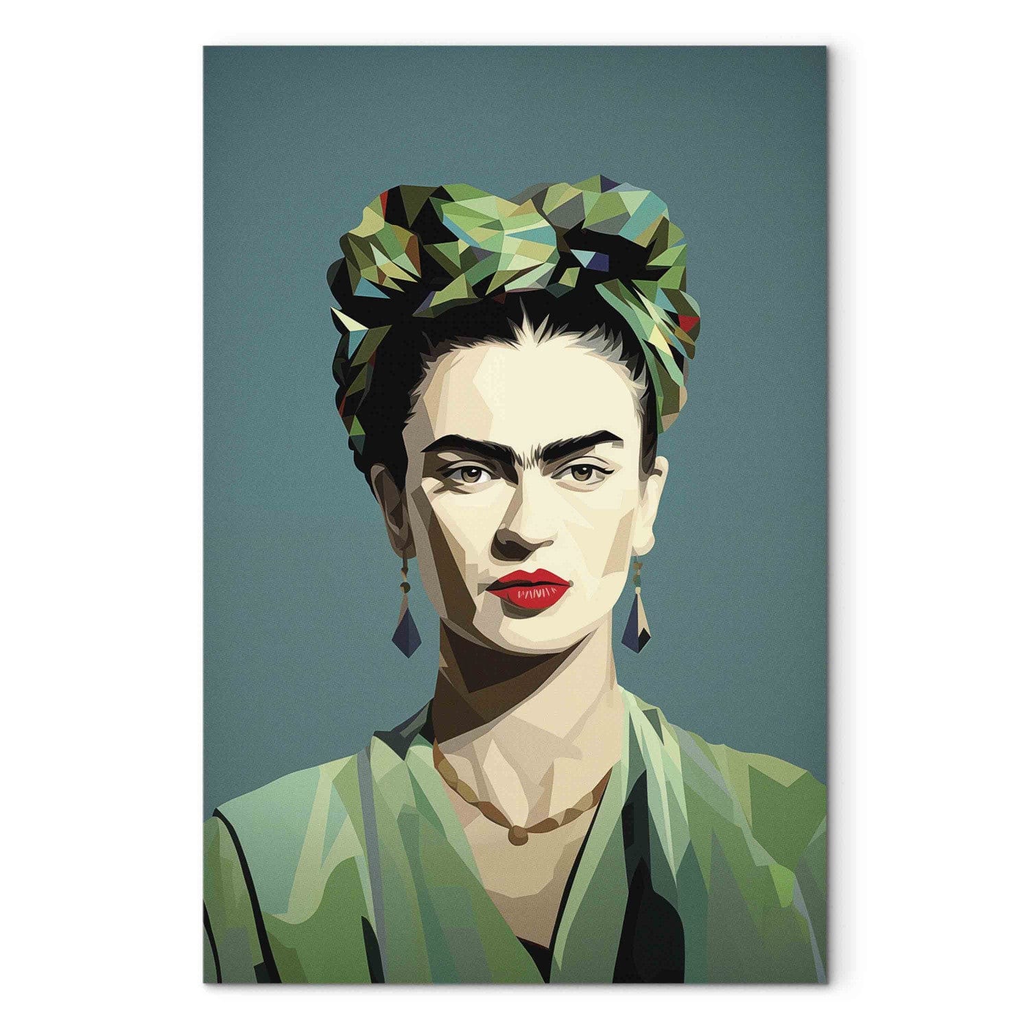 Frida Kahlo - Minimālistisks un ģeometrisks portrets uz zaļa fona, 152222, liels izmērs G-ART