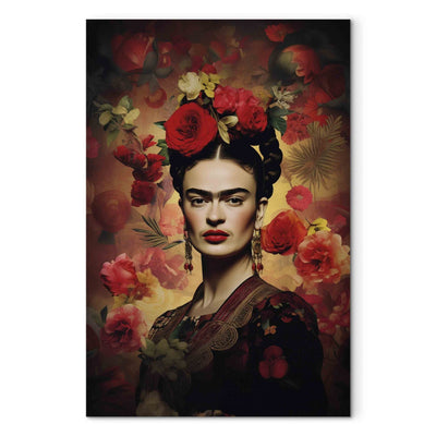 Frida Kahlo - Portrets ar rozēm un lapām uz tumši brūna fona, 152236, XXL izmērs G-ART