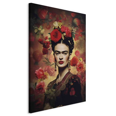 Frida Kahlo - Portrets ar rozēm un lapām uz tumši brūna fona, 152236, XXL izmērs Tapetenshop.lv