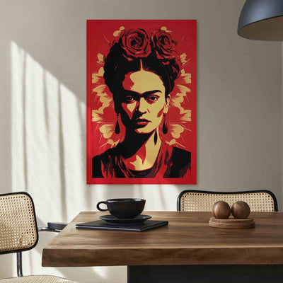 Frida Kahlo - Portrets ar rozēm uz galvas uz sarkana fona, 152227, XXL izmērs G-ART