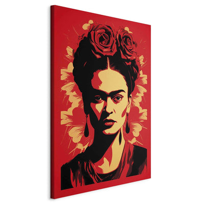 Frida Kahlo - Portrets ar rozēm uz galvas uz sarkana fona, 152227, XXL izmērs Tapetenshop.lv