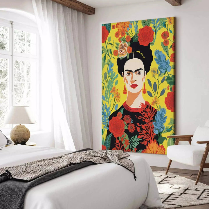Frida Kahlo - Portrets uz dzeltena ziedu fona, 152224, liels izmērs ART XL