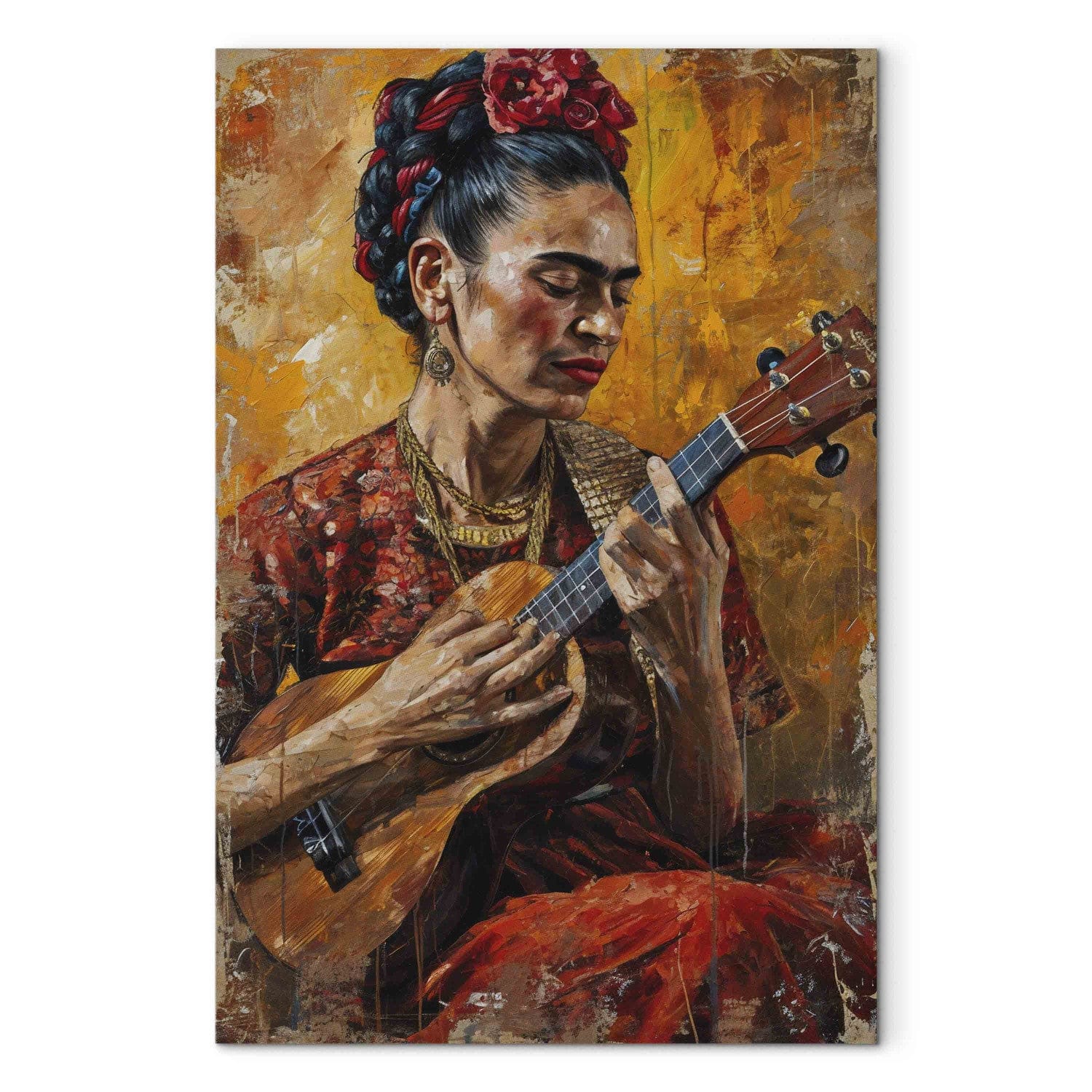 Frida Kalo - Sievietes portrets, kas spēlē uz ukuleles brūnos toņos, 152208, lielformāta G-ART