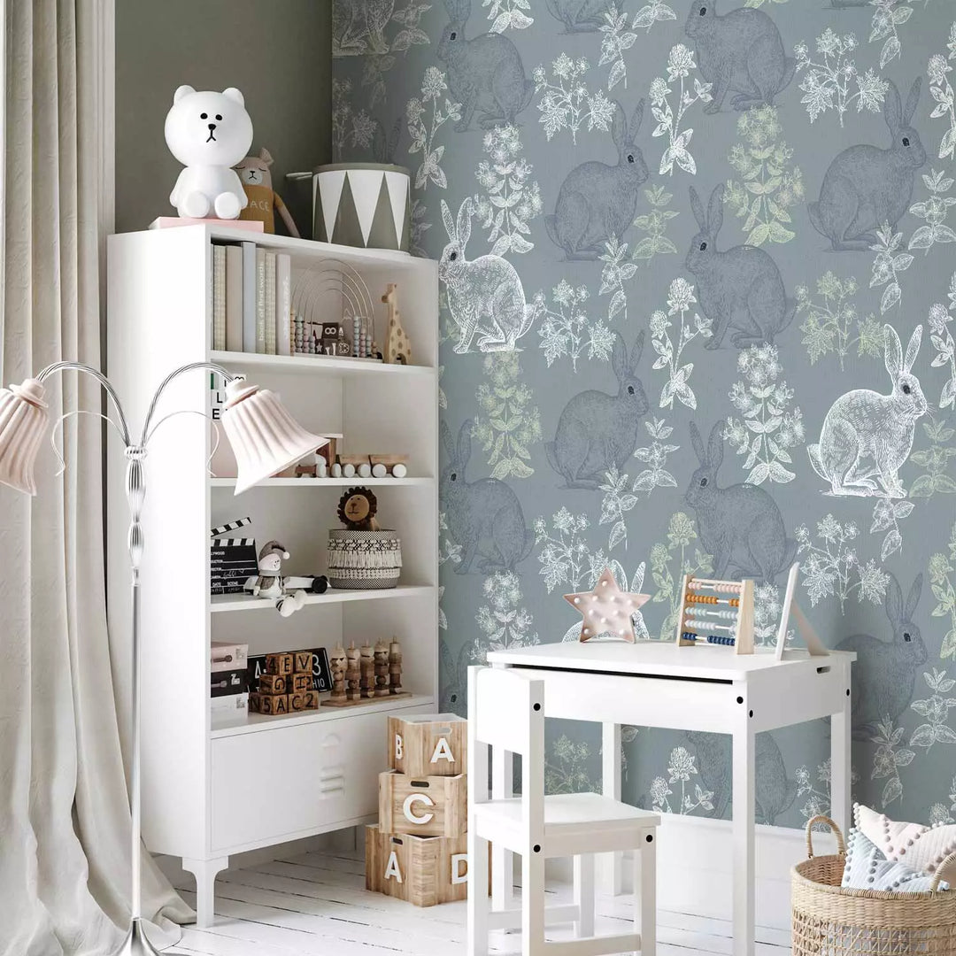 Fototapetai - Pilkos ir baltos spalvos zuikučiai gėlių fone, 149216