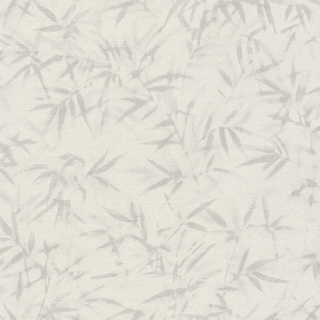 Light grayish-white wallpaper with a delicate bamboo leaf pattern, close-up