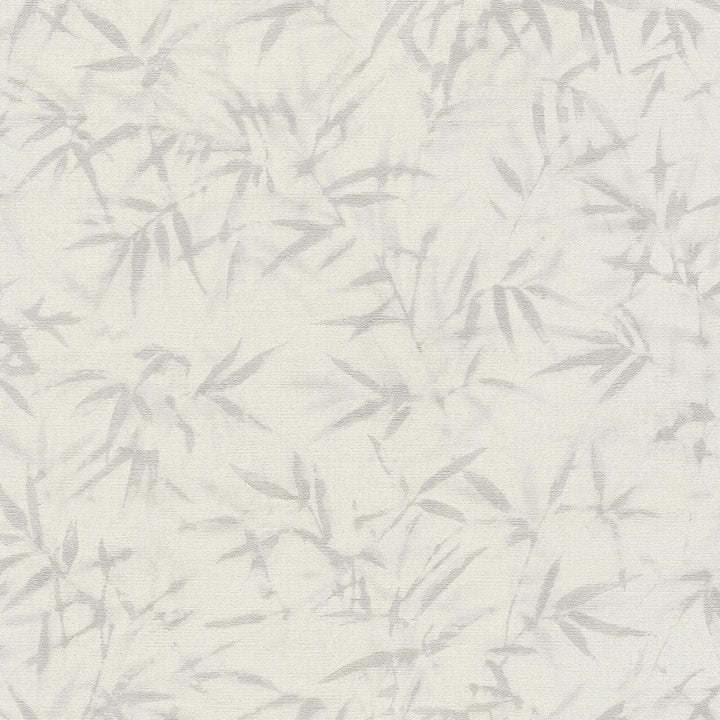 Light grayish-white wallpaper with a delicate bamboo leaf pattern, close-up