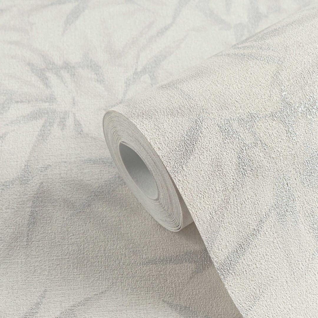 Light non-woven wallpaper with a botanical bamboo leaf pattern and silvery gloss, 3007676