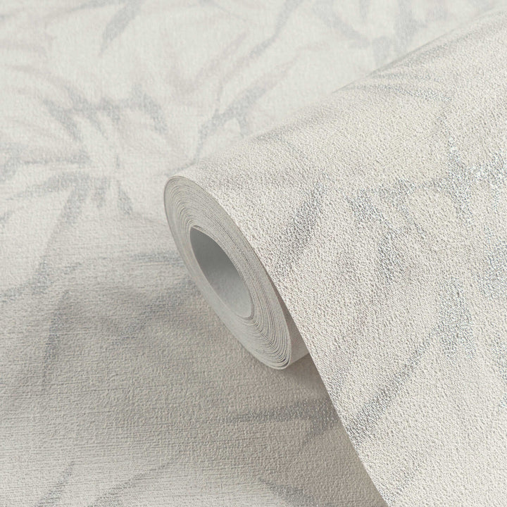 Light non-woven wallpaper with a botanical bamboo leaf pattern and silvery gloss, 3007676