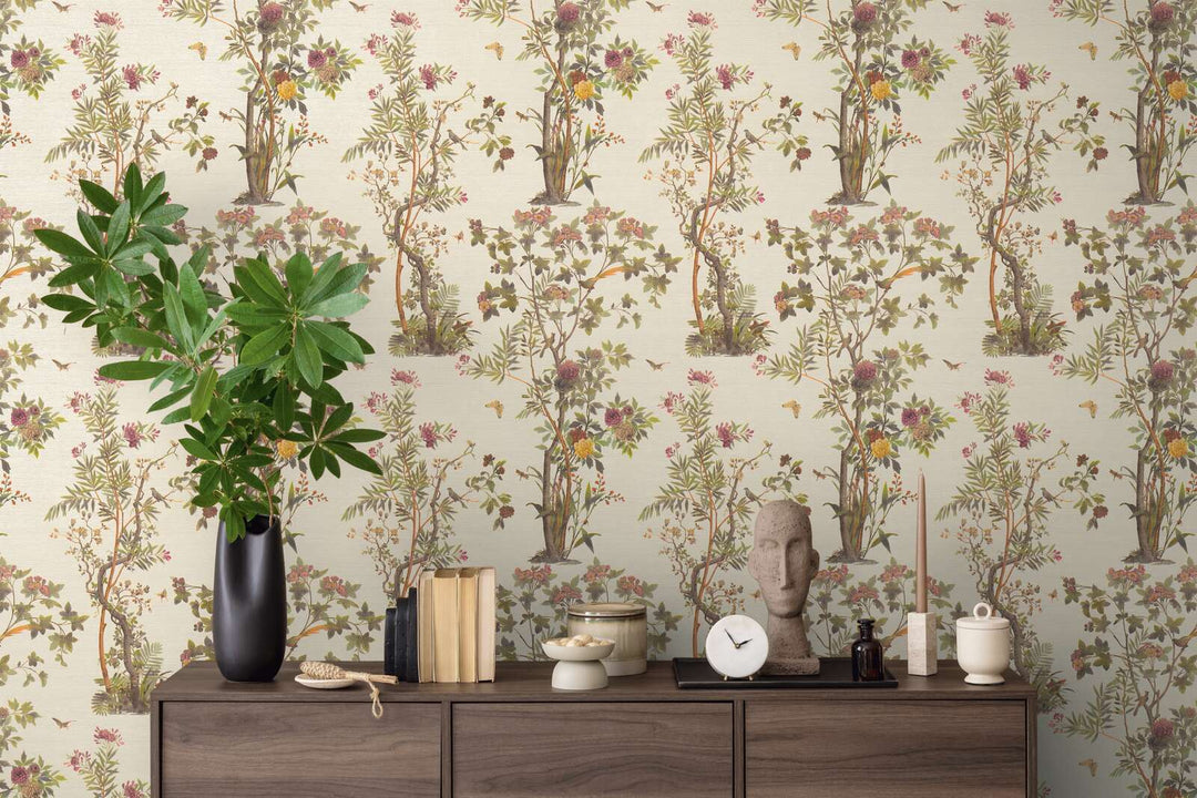 Šviesūs flizelininiai tapetai su klasikiniu botaniniu raštu ir lengvu blizgesiu, 3007637