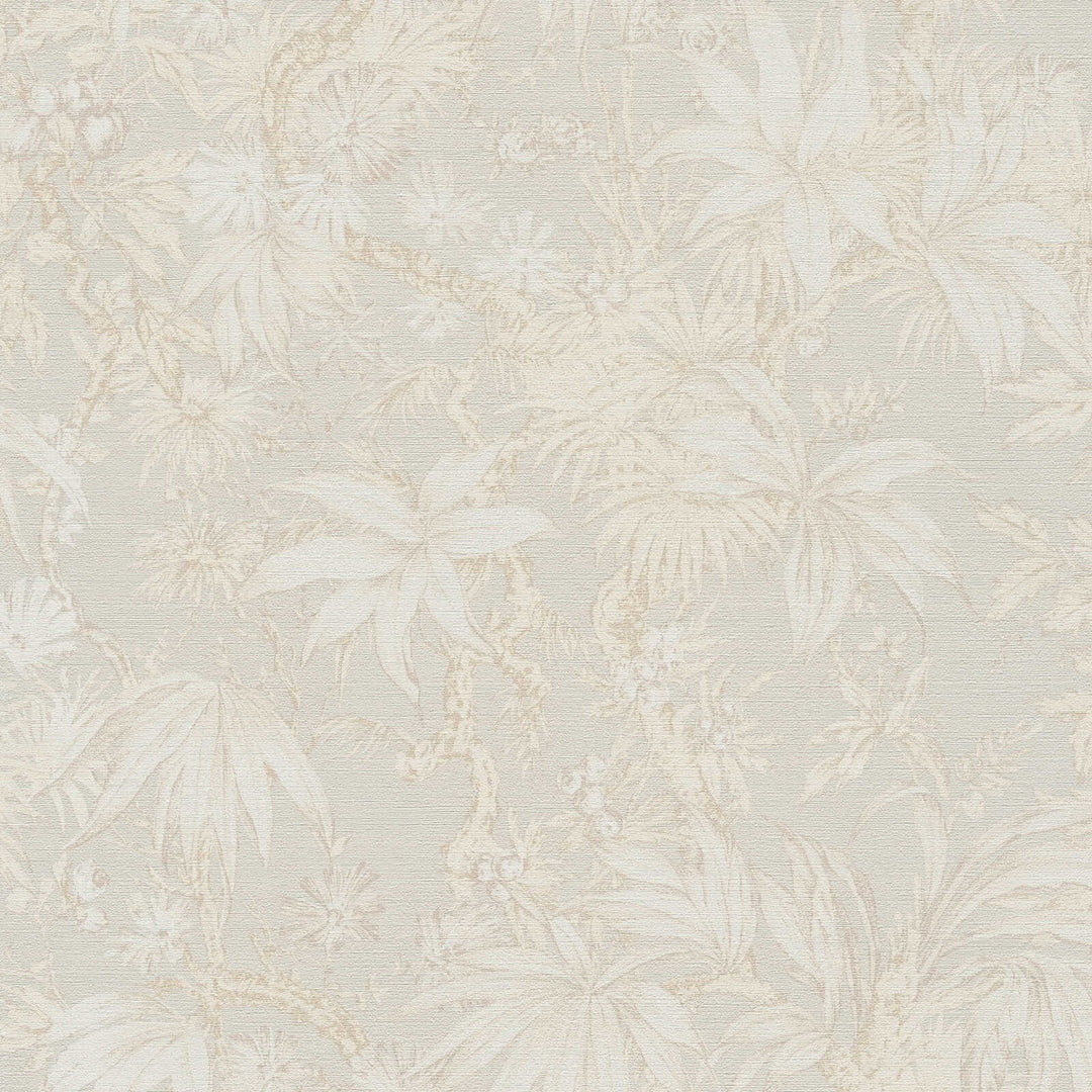 Light beige wallpaper with a delicate drawing of tropical plants and branches, close-up