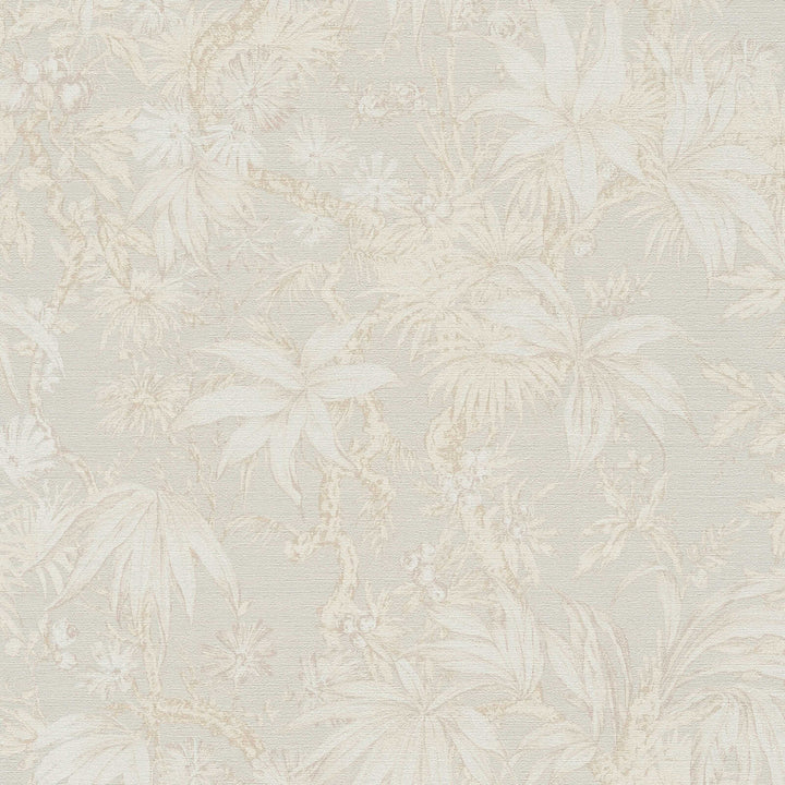 Light beige wallpaper with a delicate drawing of tropical plants and branches, close-up