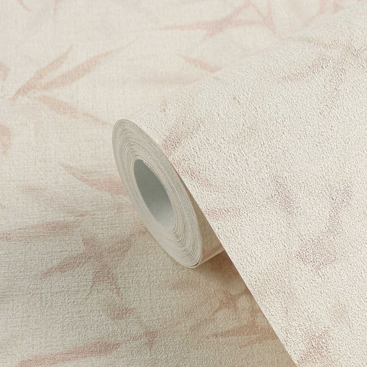 Light beige non-woven wallpaper with a botanical bamboo leaf pattern and slight gloss, 3007675