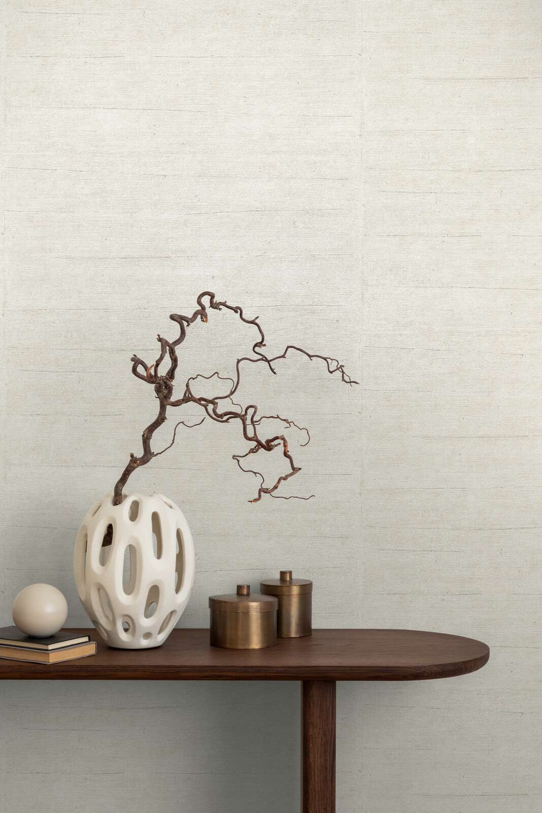 Light cream non-woven wallpaper with a linen texture and slight gloss, 3007721