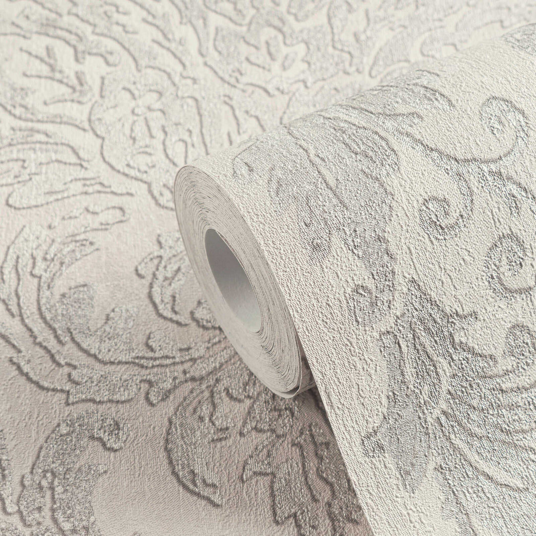 Light greige non-woven wallpaper with a glossy damask pattern and matte background, 3007736