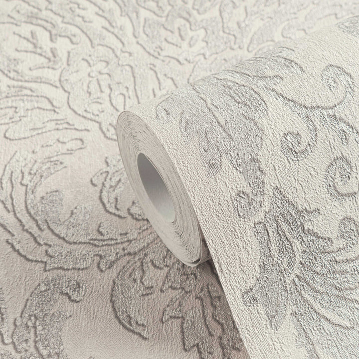 Light greige non-woven wallpaper with a glossy damask pattern and matte background, 3007736