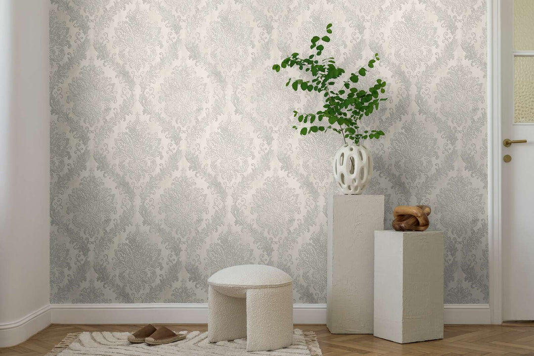 Light greige non-woven wallpaper with a glossy damask pattern and matte background, 3007736