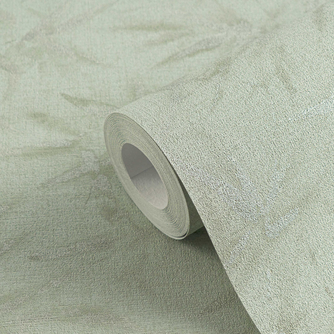 Light gray-green non-woven wallpaper with a bamboo leaf pattern and slight gloss, 3007700