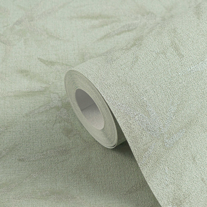 Light gray-green non-woven wallpaper with a bamboo leaf pattern and slight gloss, 3007700
