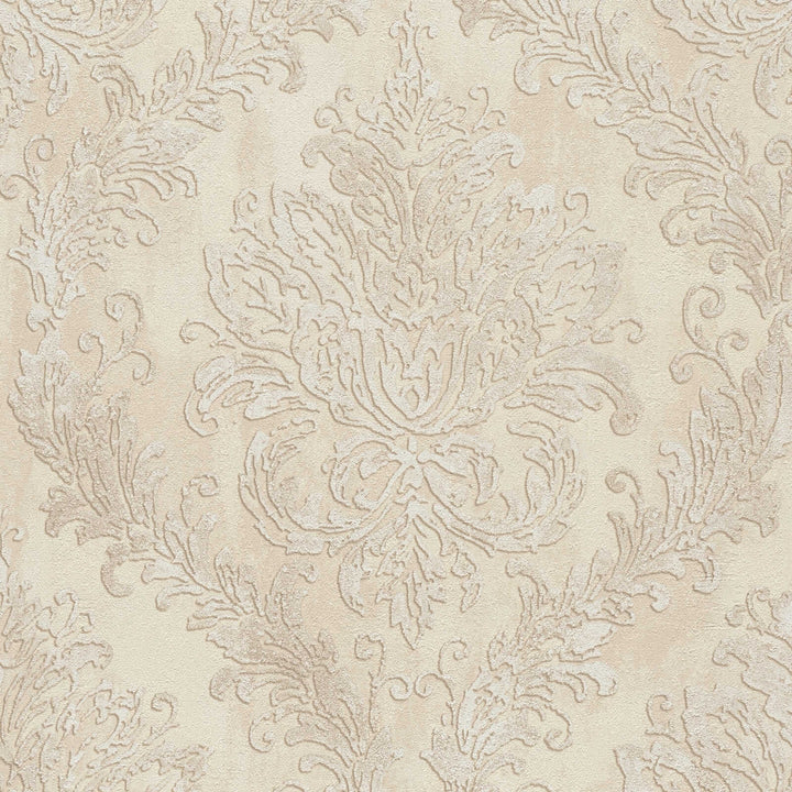 Light beige wallpaper with a classic damask ornament, close-up