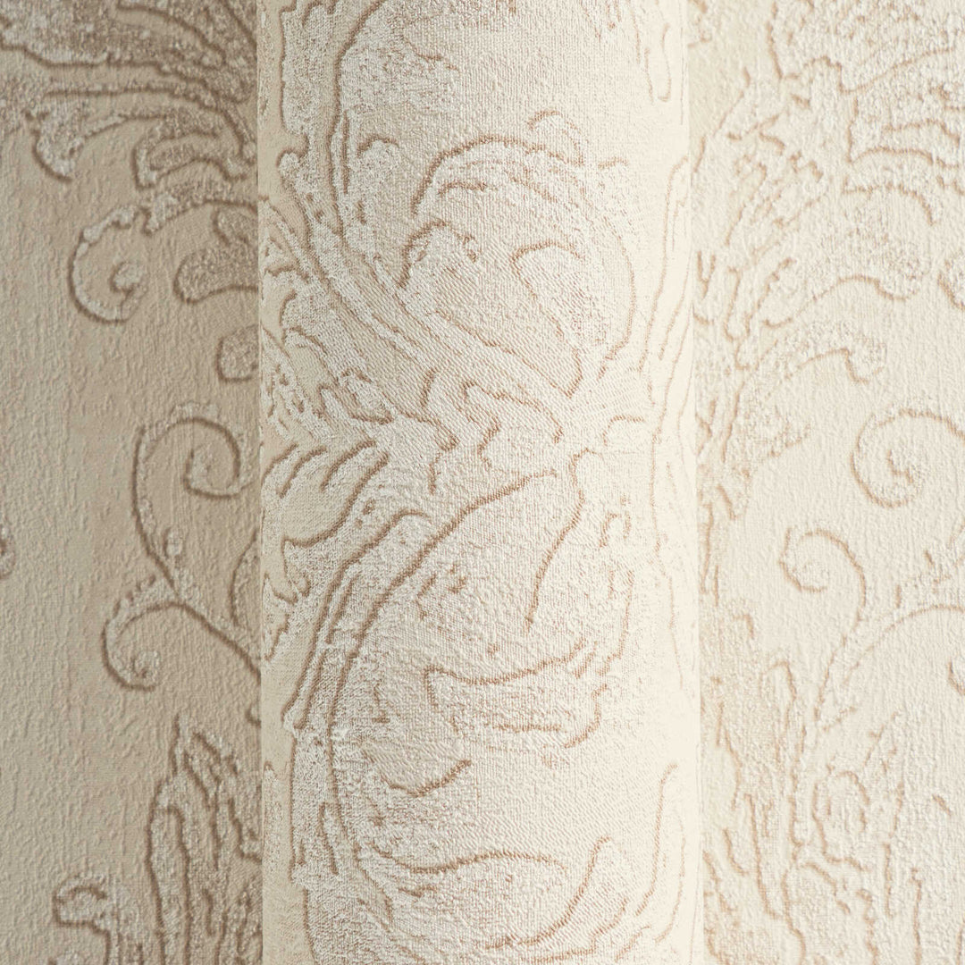 Light sandy beige non-woven wallpaper with a glossy damask pattern and matte background, 3007737
