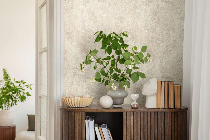 Light sandy beige non-woven wallpaper with a glossy damask pattern and matte background, 3007737