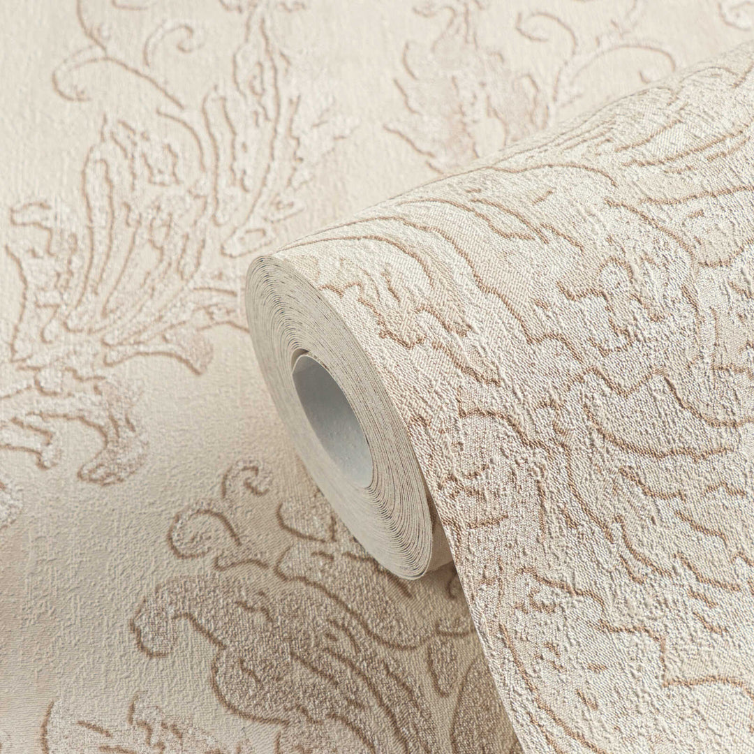 Light sandy beige non-woven wallpaper with a glossy damask pattern and matte background, 3007737