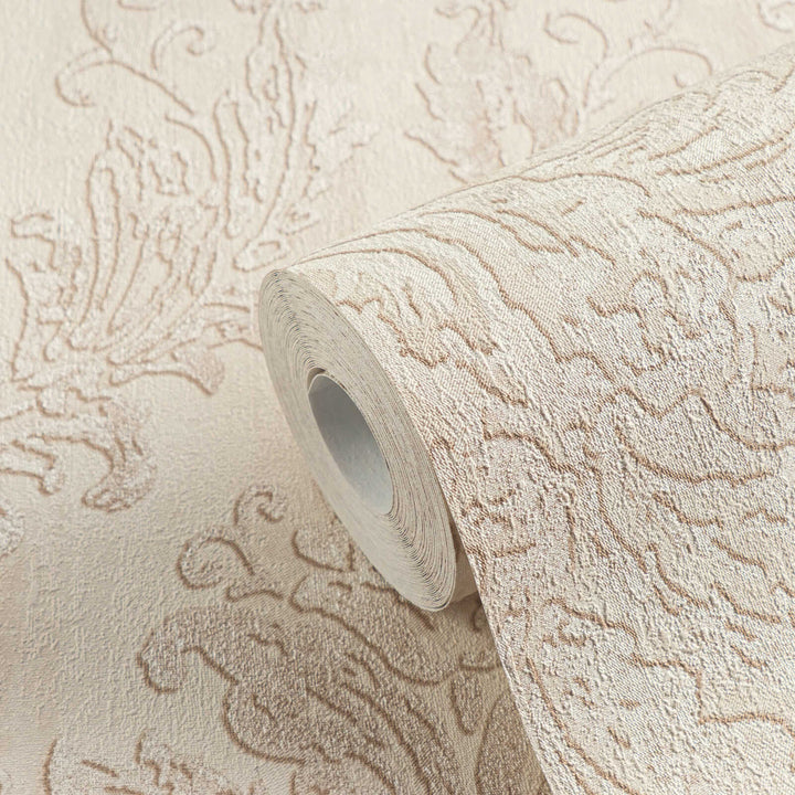 Light sandy beige non-woven wallpaper with a glossy damask pattern and matte background, 3007737