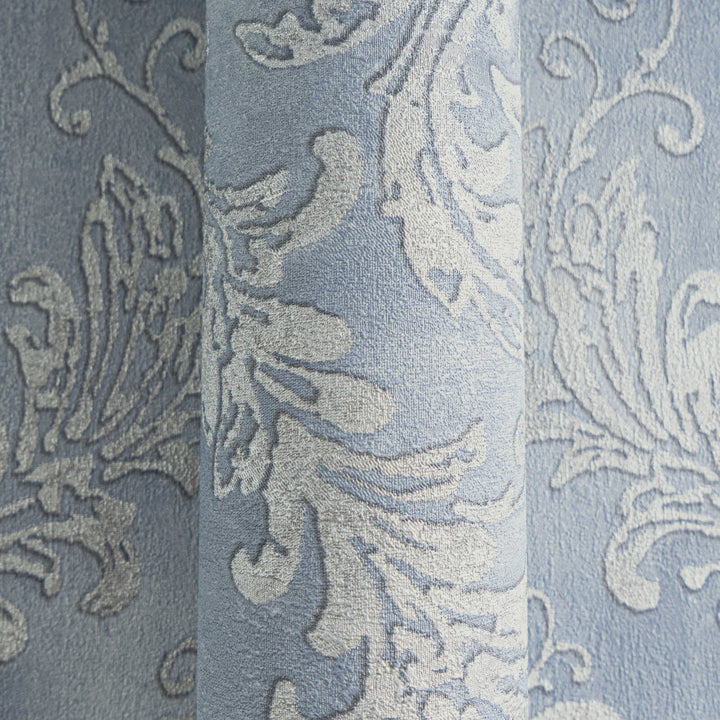 Light blue non-woven wallpaper with a classic damask pattern and slight gloss, 3007733