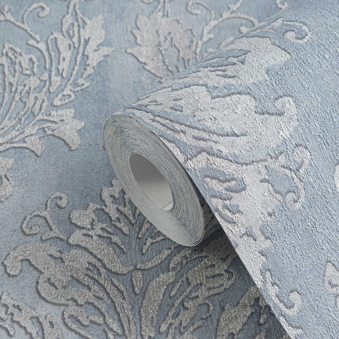 Light blue non-woven wallpaper with a classic damask pattern and slight gloss, 3007733