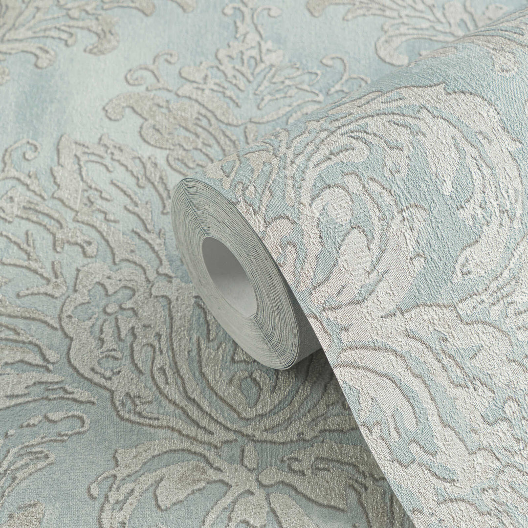 Light blue-gray non-woven wallpaper with a silvery-gray damask pattern and slight gloss, 3007735