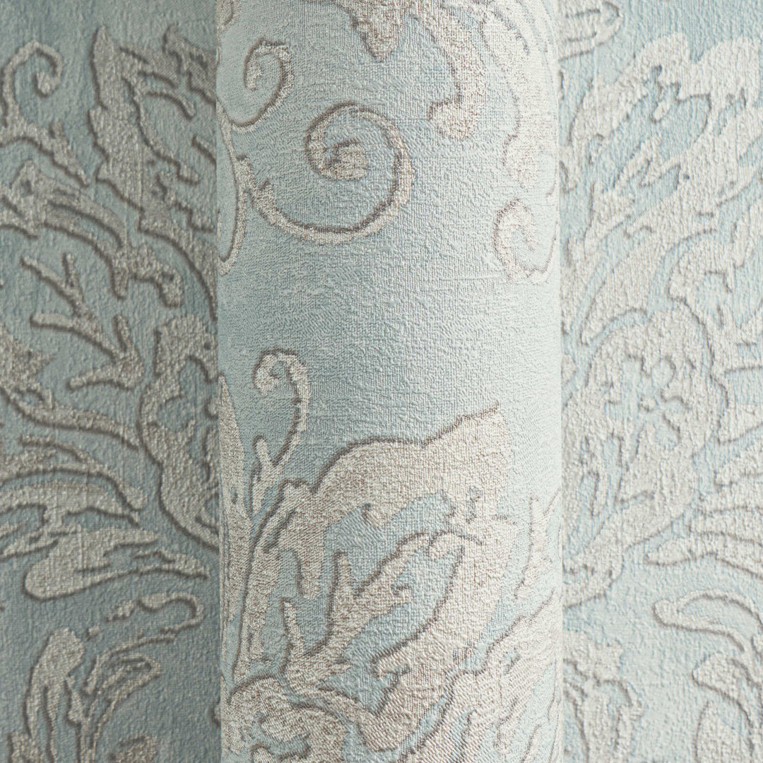 Light blue-gray non-woven wallpaper with a silvery-gray damask pattern and slight gloss, 3007735