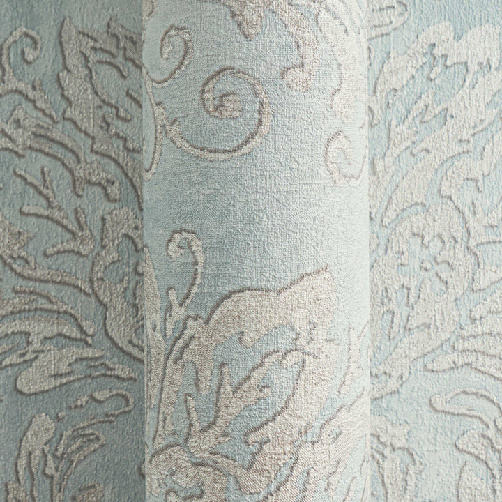 Light blue-gray non-woven wallpaper with a silvery-gray damask pattern and slight gloss, 3007735