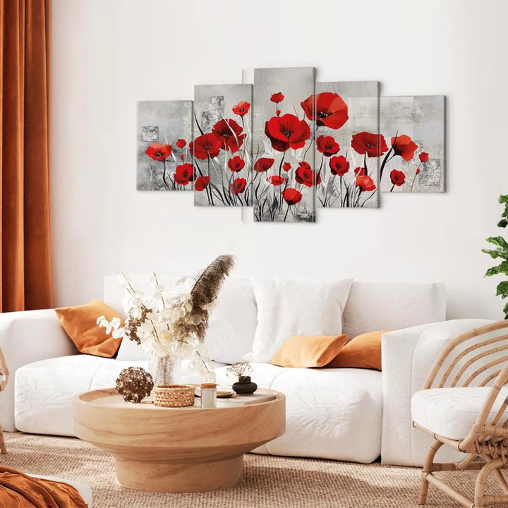 Glezna ar magonēm - glezna no 5 daļām, sarkana un peleka krāsā ART XL