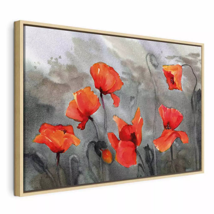 Glezna koka rāmī (dabīgā krāsā) - Magones akvareļu tehnika uz pelēka ART XL