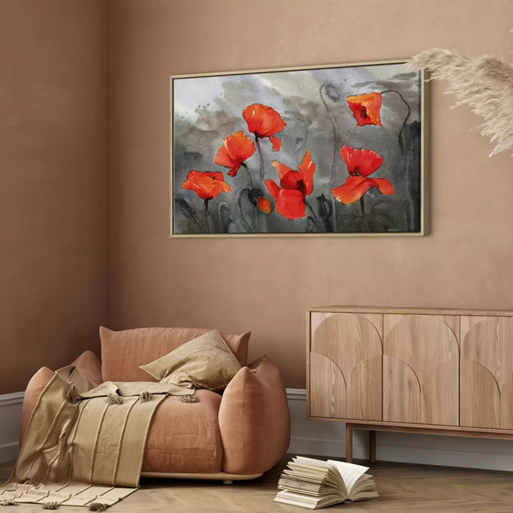 Glezna koka rāmī (dabīgā krāsā) - Magones akvareļu tehnika uz pelēka ART XL