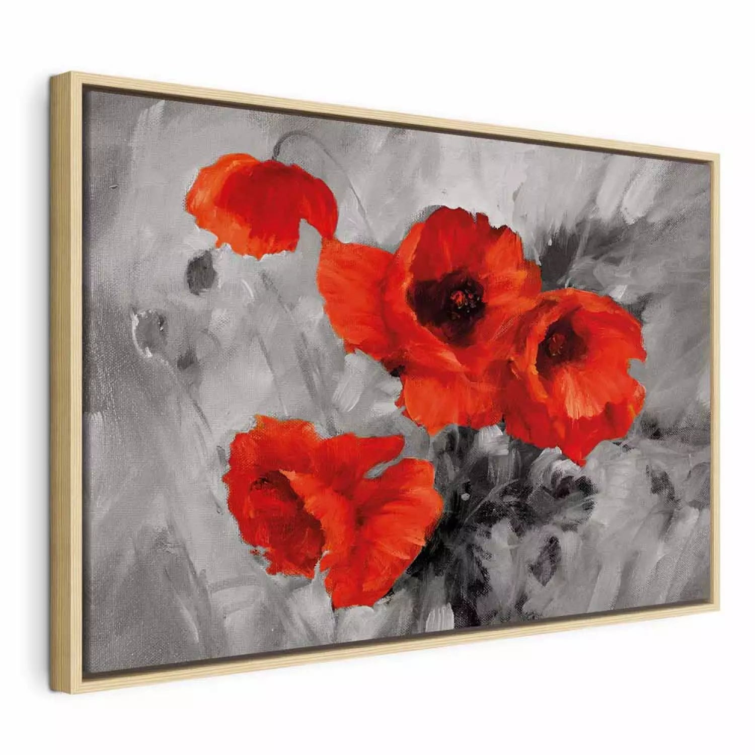 Glezna koka rāmī - sarkanas magones uz abstrakta pelēka fona, 95014 ART XL