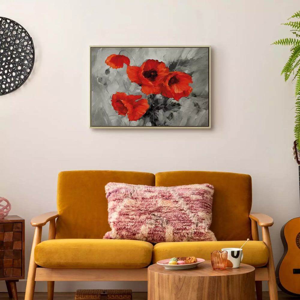 Glezna koka rāmī - sarkanas magones uz abstrakta pelēka fona, 95014 ART XL