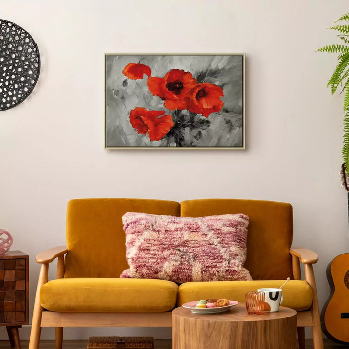 Glezna koka rāmī - sarkanas magones uz abstrakta pelēka fona, 95014 ART XL