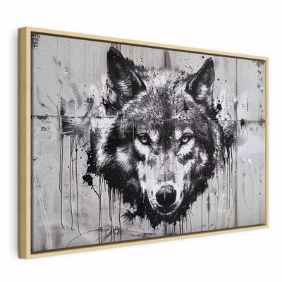 Painting in a wooden frame (natural color) - black and white wolf in street art style G ART