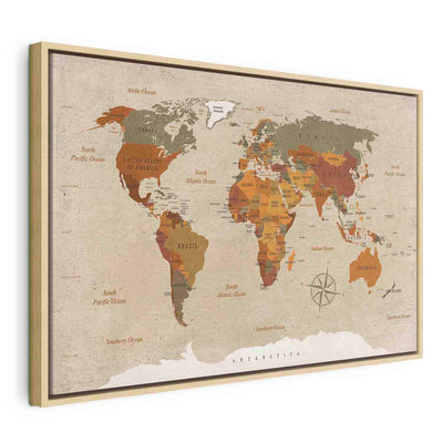 Painting in a wooden frame - World map: Beige chic G ART